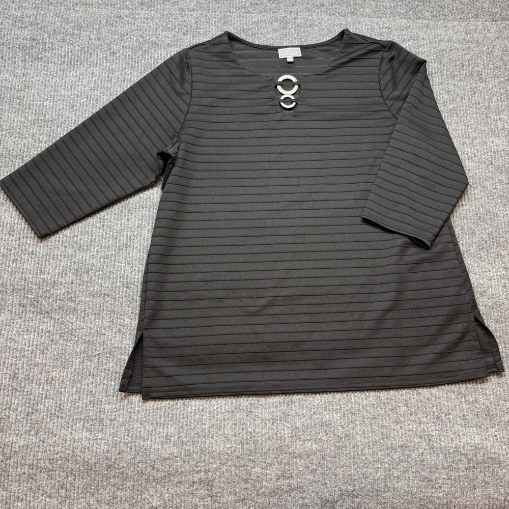 Black Ribbed Top 2X Silver Ring Detail Chic Career Minimalist JM Collection